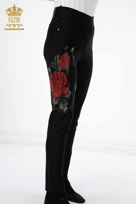 Women's Leggings Trousers Rose Pattern Black - 3437 | KAZEE - Thumbnail