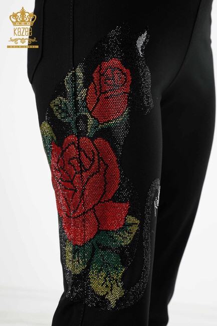 Women's Leggings Trousers Rose Pattern Black - 3437 | KAZEE - Thumbnail