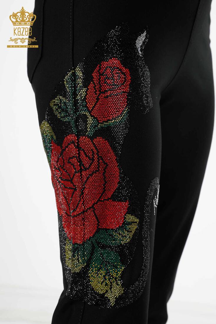 Women's Leggings Trousers Rose Pattern Black - 3437 | KAZEE