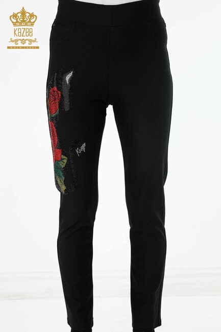 Women's Leggings Trousers Rose Pattern Black - 3437 | KAZEE - Thumbnail