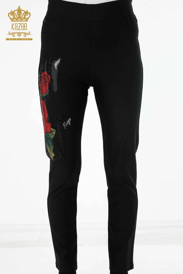 Women's Leggings Trousers Rose Pattern Black - 3437 | KAZEE