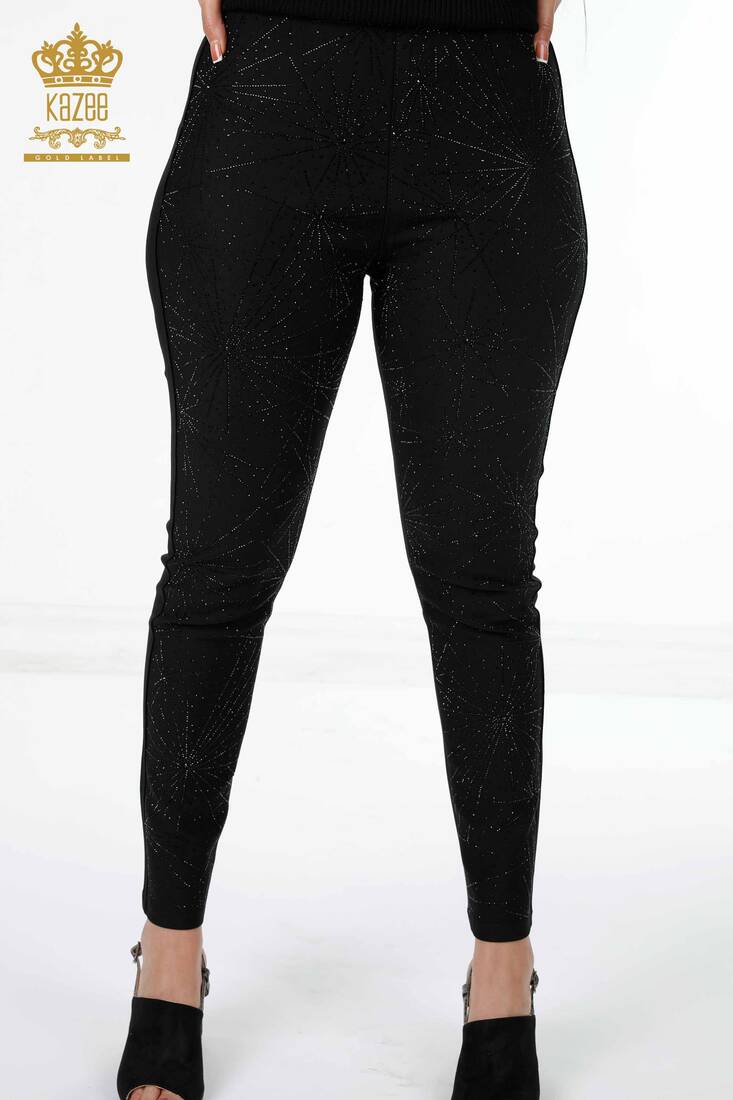 Women's Leggings Trousers Stone Embroidered Black - 3439 | KAZEE