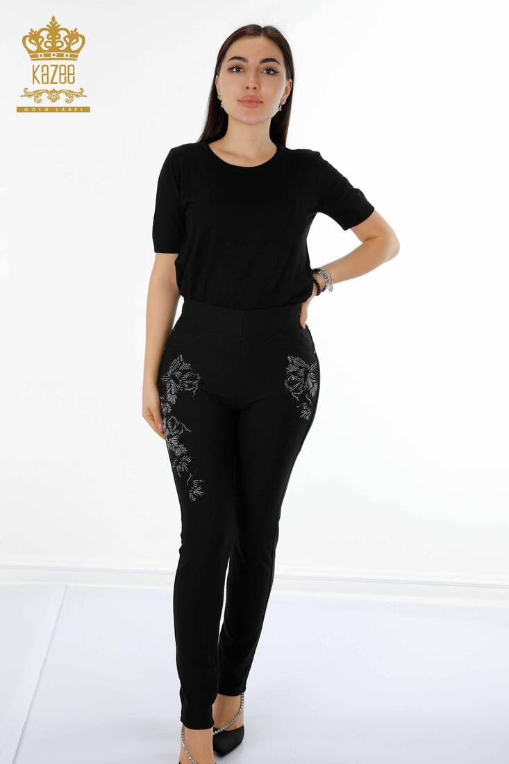 Women's Leggings Trousers Stone Embroidered Black - 3565 | KAZEE