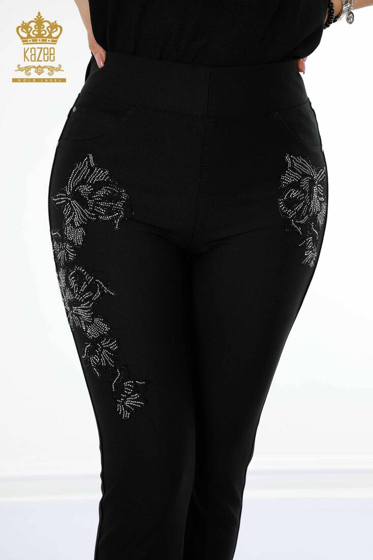 Women's Leggings Trousers Stone Embroidered Black - 3565 | KAZEE