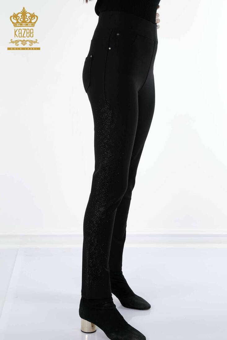 Women's Leggings Trousers Stone Embroidered Black - 3642 | KAZEE