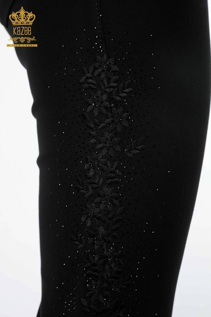 Women's Leggings Trousers Stone Embroidered Black - 3642 | KAZEE