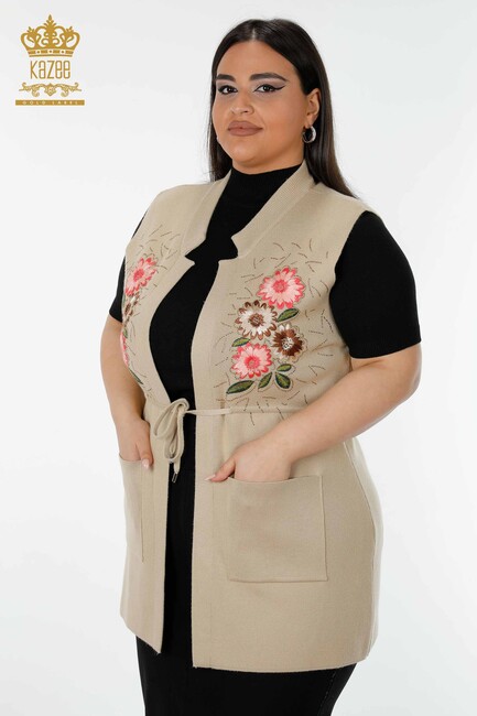 Women's Long Vest Floral Detailed Beige - 16804 | KAZEE - Thumbnail