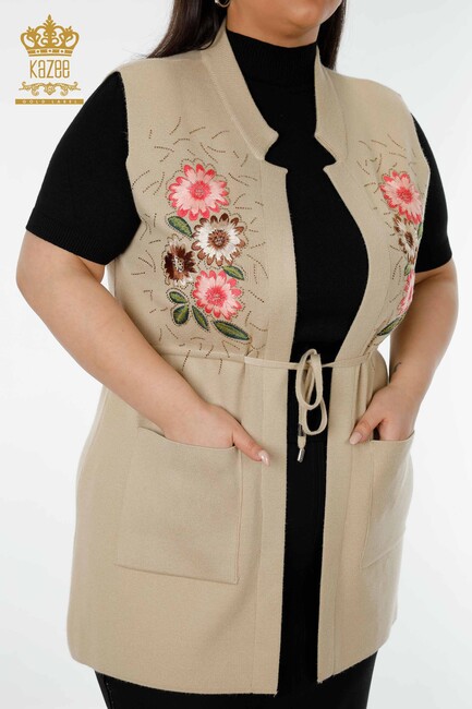 Women's Long Vest Floral Detailed Beige - 16804 | KAZEE - Thumbnail