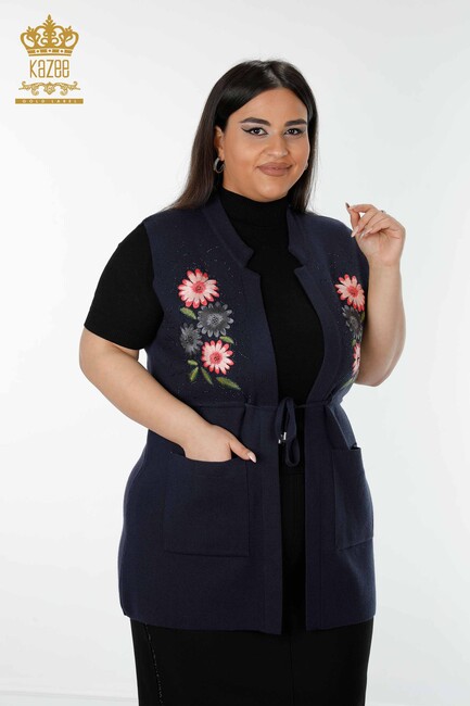 Women's Long Vest Floral Detailed Navy Blue - 16804 | KAZEE - Thumbnail