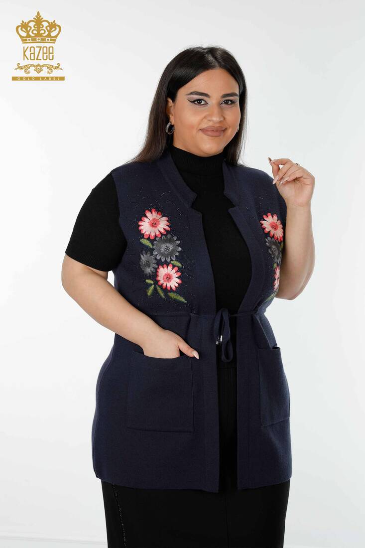 Women's Long Vest Floral Detailed Navy Blue - 16804 | KAZEE