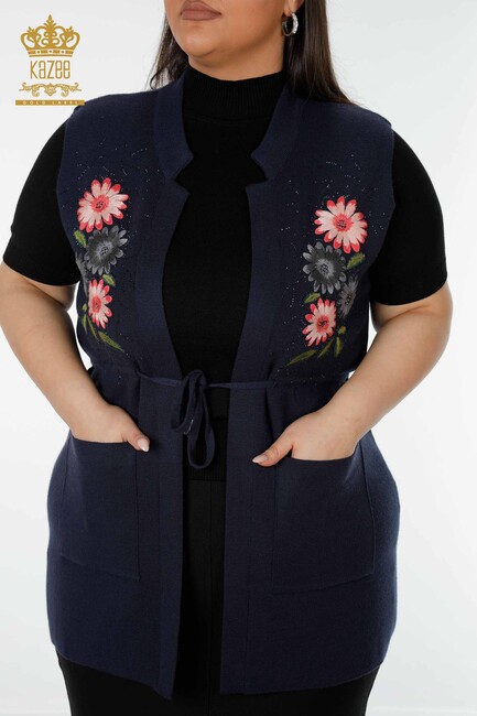 Women's Long Vest Floral Detailed Navy Blue - 16804 | KAZEE - Thumbnail