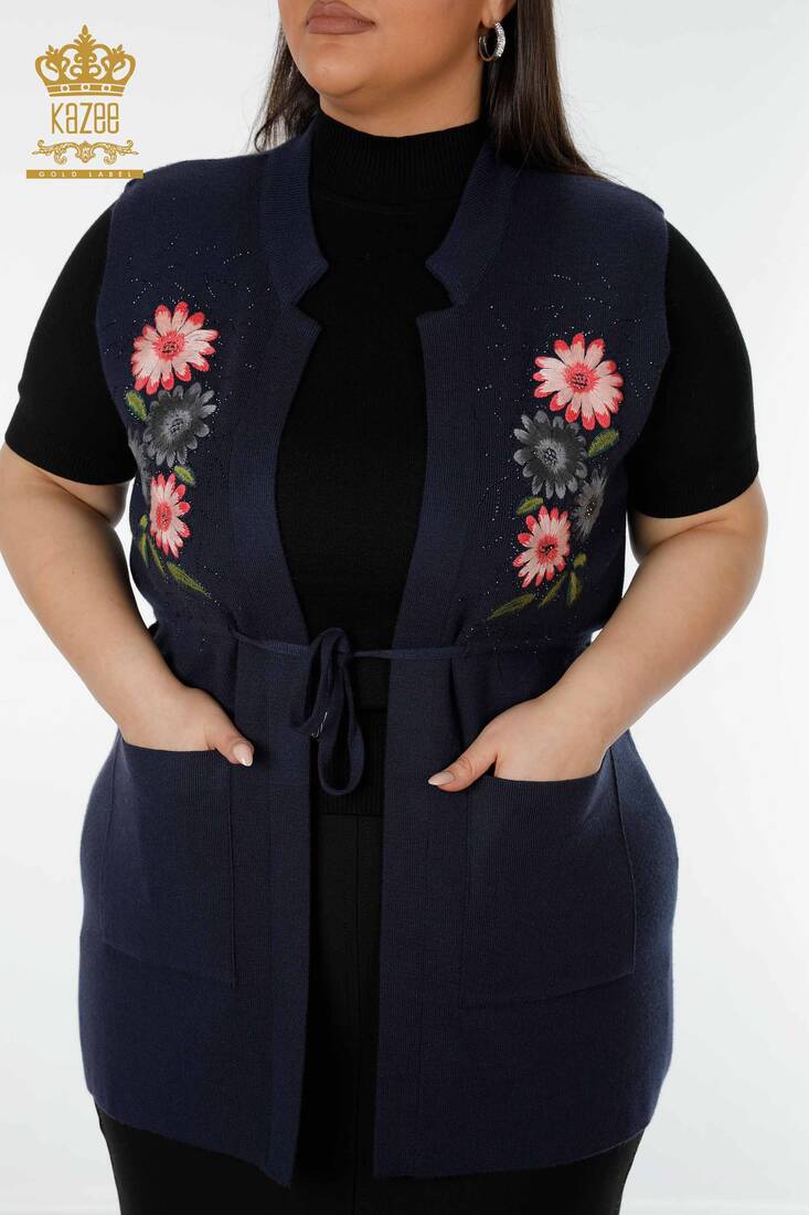 Women's Long Vest Floral Detailed Navy Blue - 16804 | KAZEE