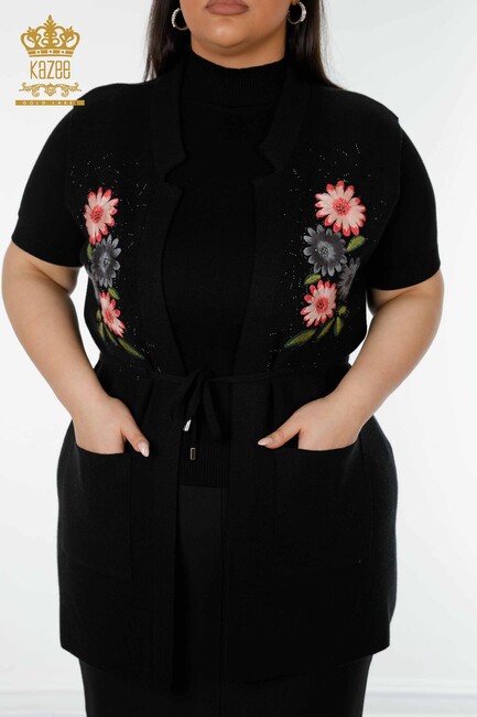 Women's Long Vest Floral Detailed Black - 16804 | KAZEE - Thumbnail