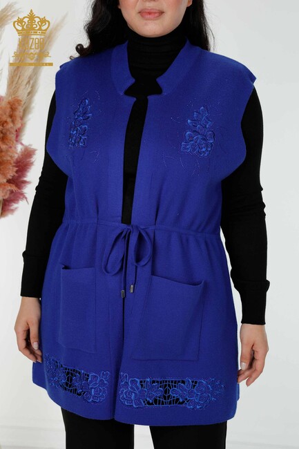 Women's Long Vest Flower Embroidered Sax - 16813 | KAZEE - Thumbnail