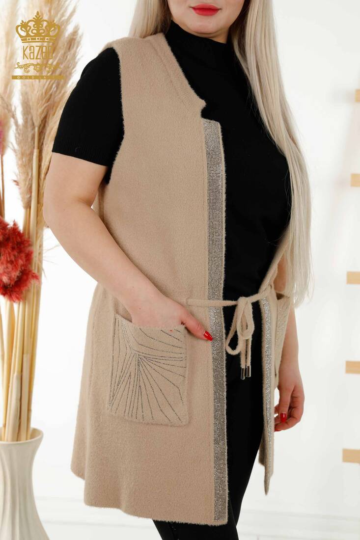 Women's Long Vest Tie Detailed Beige - 30244 | KAZEE