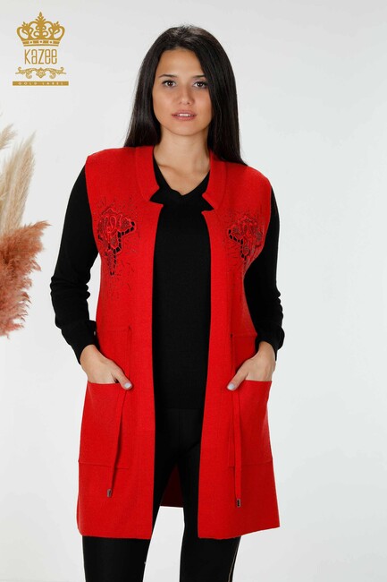 Women's Long Vest with Lacing Detail Red - 16830 | KAZEE - Thumbnail