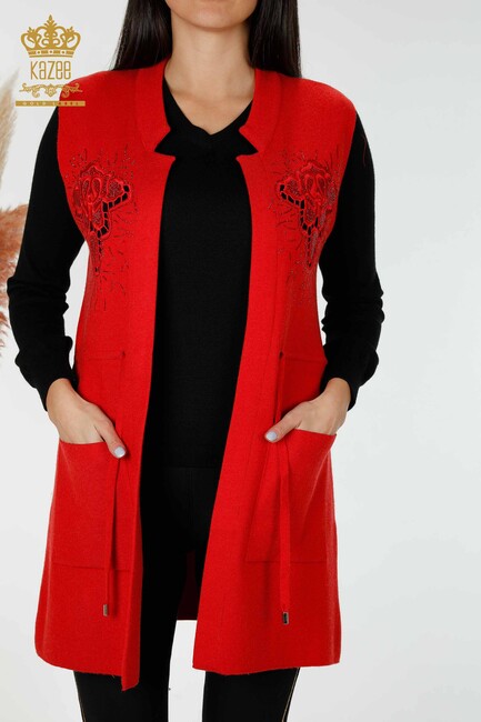 Women's Long Vest with Lacing Detail Red - 16830 | KAZEE - Thumbnail