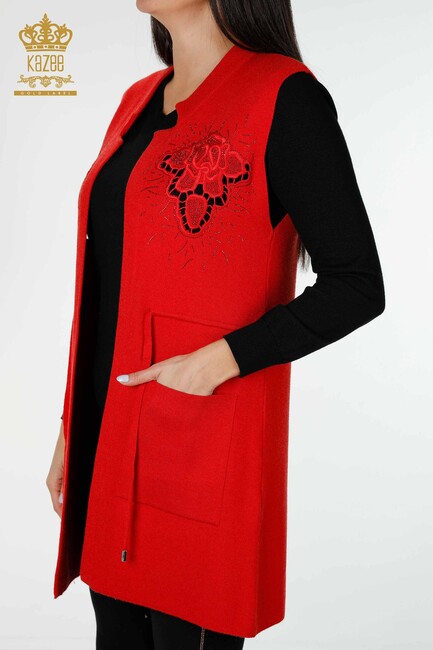 Women's Long Vest with Lacing Detail Red - 16830 | KAZEE - Thumbnail