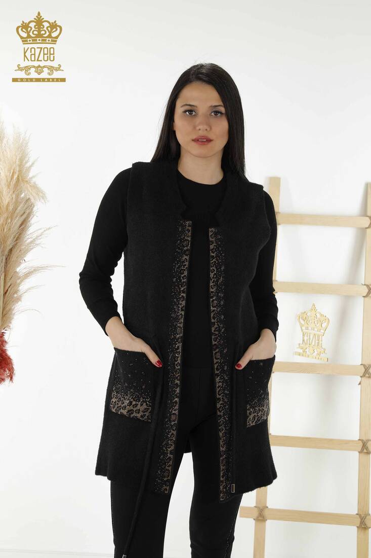 Women's Long Vest Leopard Pattern Black - 30245 | KAZEE