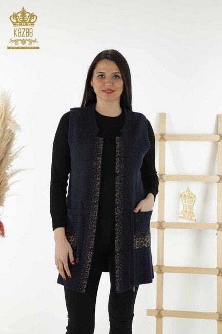 Women's Long Vest Leopard Patterned Navy - 30245 | KAZEE - Thumbnail