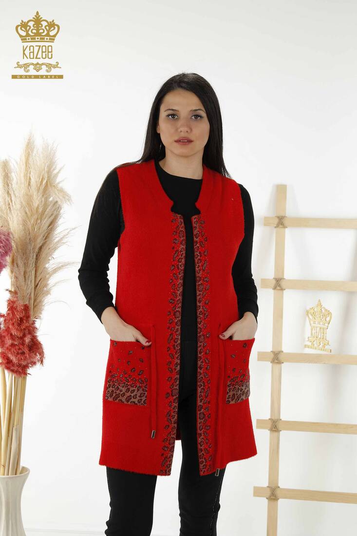 Women's Long Vest Leopard Pattern Red - 30245 | KAZEE