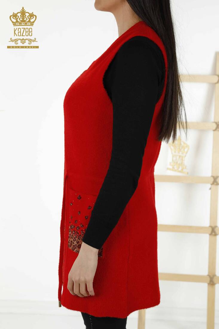 Women's Long Vest Leopard Pattern Red - 30245 | KAZEE