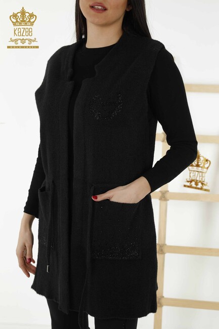 Women's Long Vest Stone Embroidered Black - 30243 | KAZEE - Thumbnail