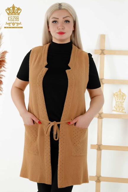 Women's Long Vest Stone Embroidered Camel - 30246 | KAZEE - Thumbnail