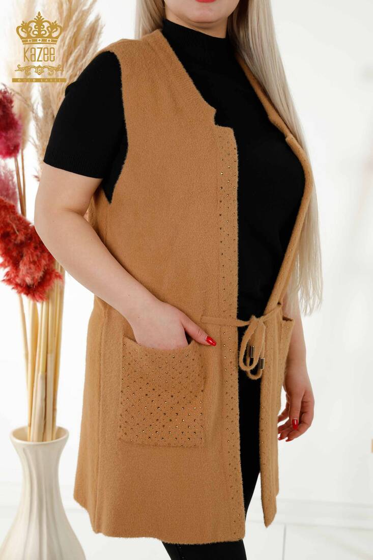 Women's Long Vest Stone Embroidered Camel - 30246 | KAZEE