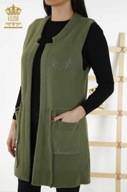 Women's Long Vest Stone Embroidered Khaki - 30243 | KAZEE - Thumbnail