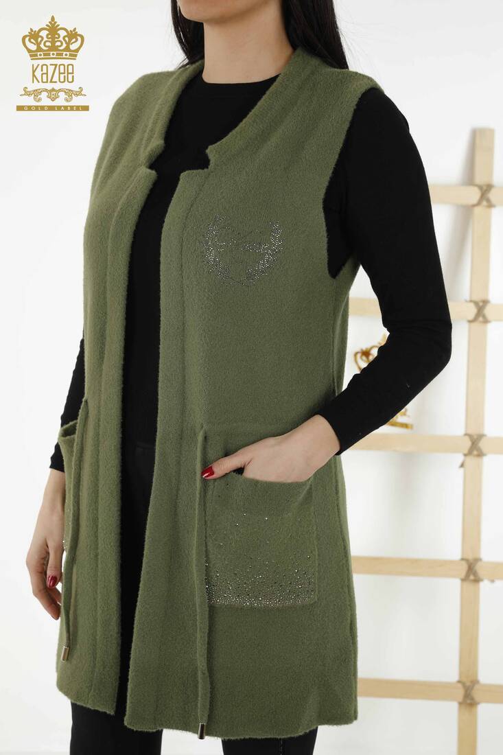 Women's Long Vest Stone Embroidered Khaki - 30243 | KAZEE