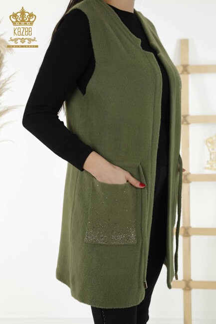 Women's Long Vest Stone Embroidered Khaki - 30243 | KAZEE - Thumbnail