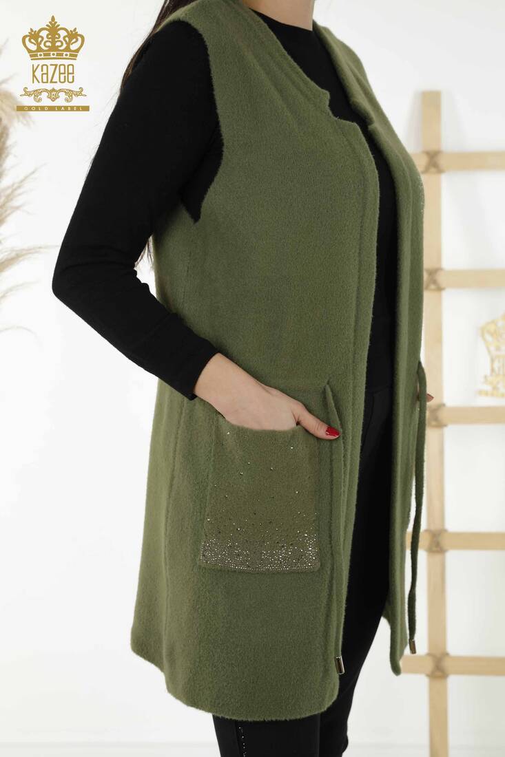 Women's Long Vest Stone Embroidered Khaki - 30243 | KAZEE