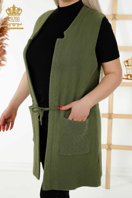 Women's Long Vest Stone Embroidered Khaki - 30246 | KAZEE - Thumbnail