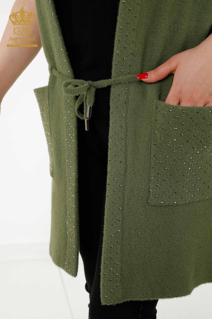 Women's Long Vest Stone Embroidered Khaki - 30246 | KAZEE - Thumbnail