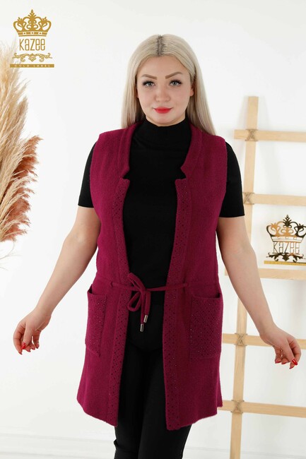 Women's Long Vest Stone Embroidered Plum - 30246 | KAZEE - Thumbnail