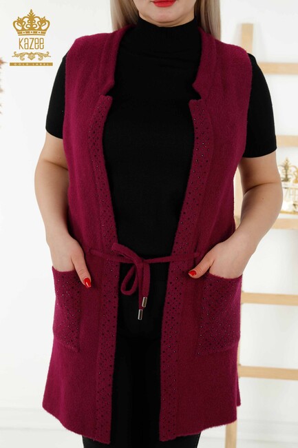 Women's Long Vest Stone Embroidered Plum - 30246 | KAZEE - Thumbnail