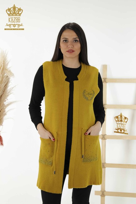 Women's Long Vest Stone Embroidered Saffron - 30243 | KAZEE - Thumbnail