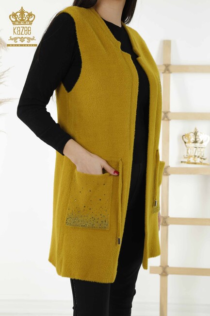 Women's Long Vest Stone Embroidered Saffron - 30243 | KAZEE - Thumbnail