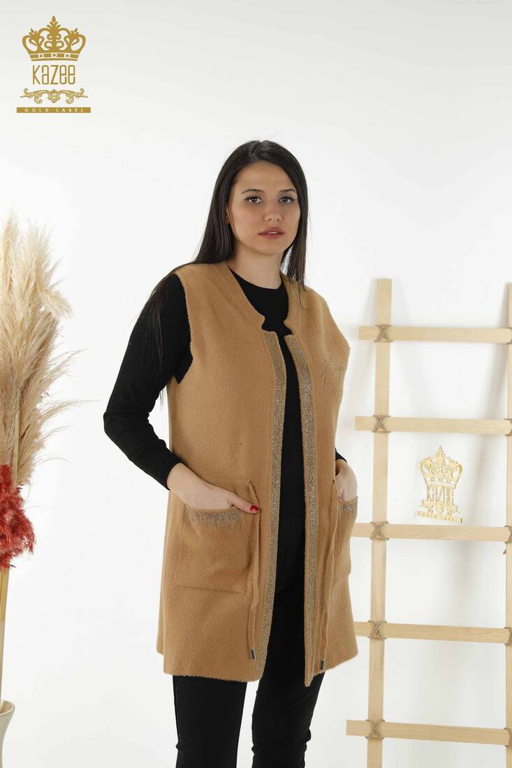 Women's Long Vest Tie Detailed Camel - 30244 | KAZEE