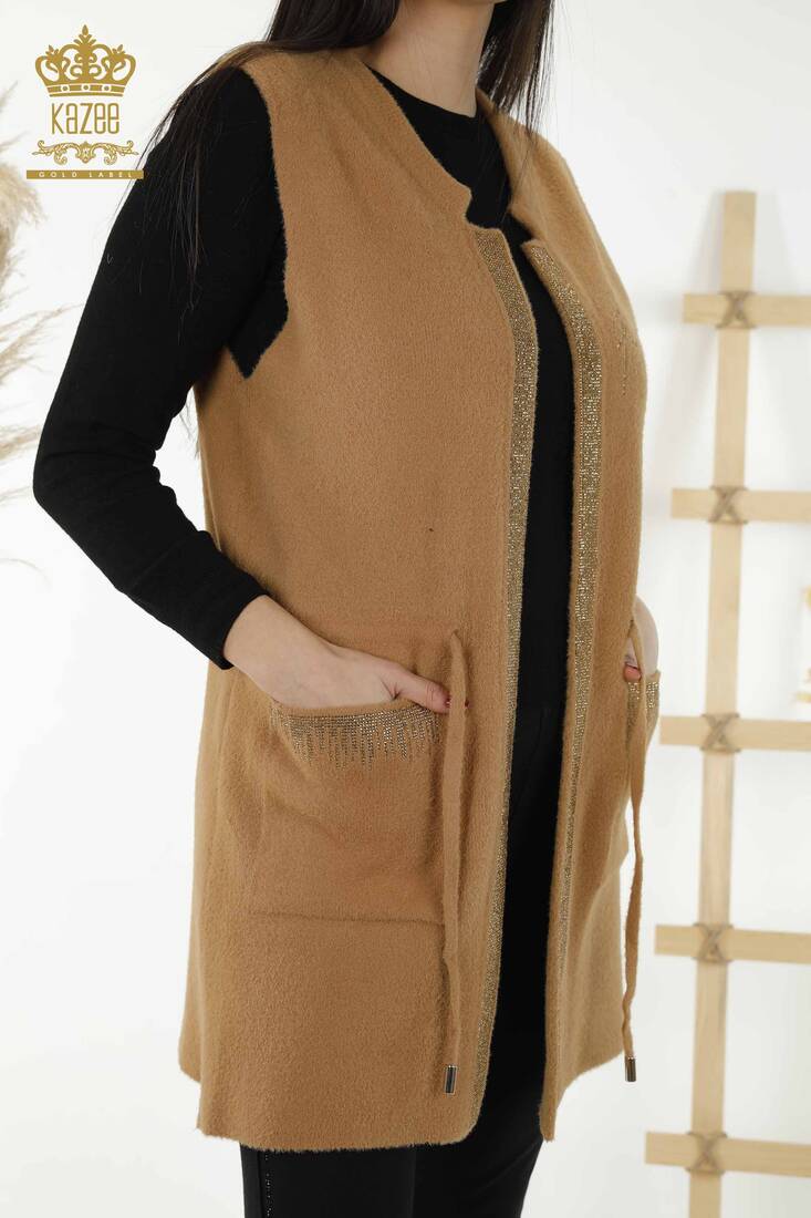 Women's Long Vest Tie Detailed Camel - 30244 | KAZEE