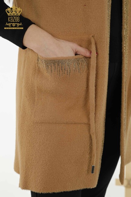 Women's Long Vest Tie Detailed Camel - 30244 | KAZEE - Thumbnail