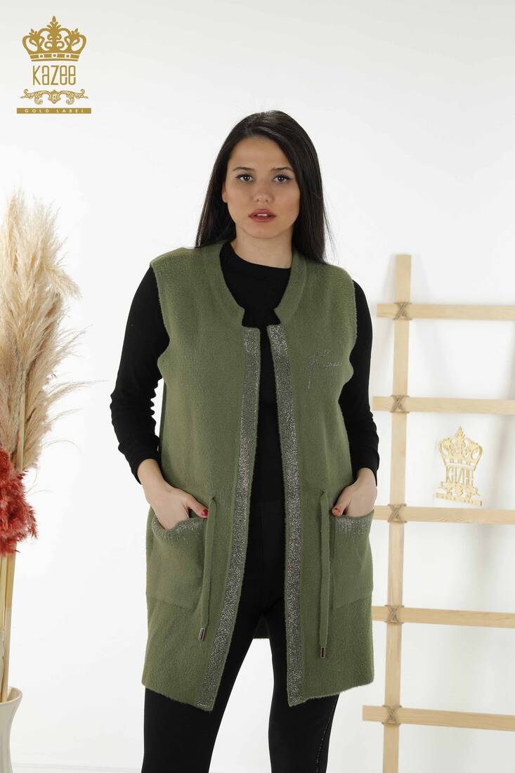 Women's Long Vest Tie Detailed Khaki - 30244 | KAZEE