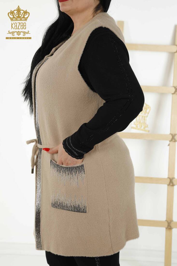 Women's Long Vest With Pocket Beige - 30247 | KAZEE