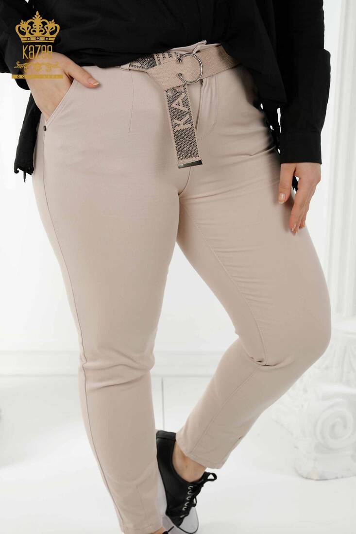 Women's Trousers Belt Detailed Beige - 3468 | KAZEE