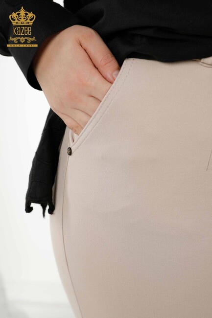 Women's Trousers Belt Detailed Beige - 3468 | KAZEE - Thumbnail