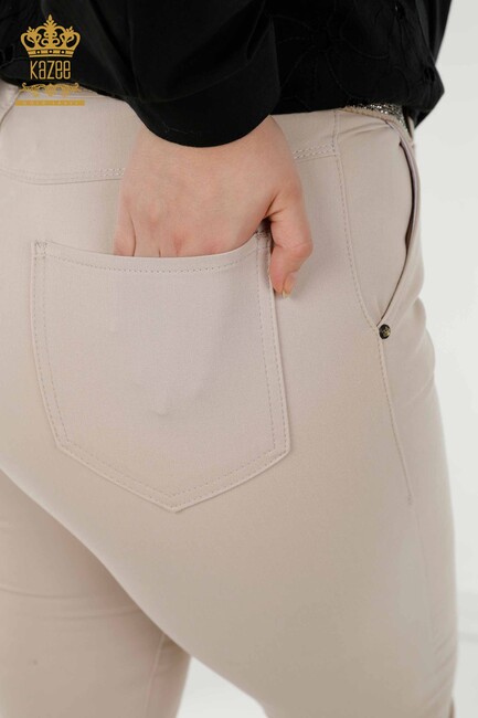 Women's Trousers Belt Detailed Beige - 3468 | KAZEE - Thumbnail