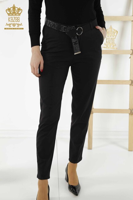 Women's Trousers Belt Detailed Black - 3685 | KAZEE - Thumbnail