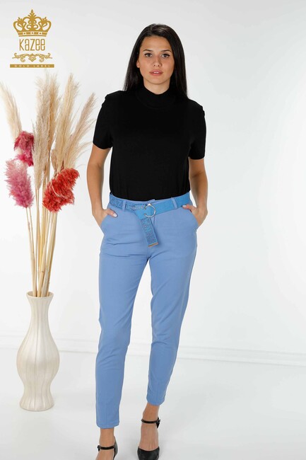 Women's Trousers Belt Detailed Blue - 3498 | KAZEE - Thumbnail