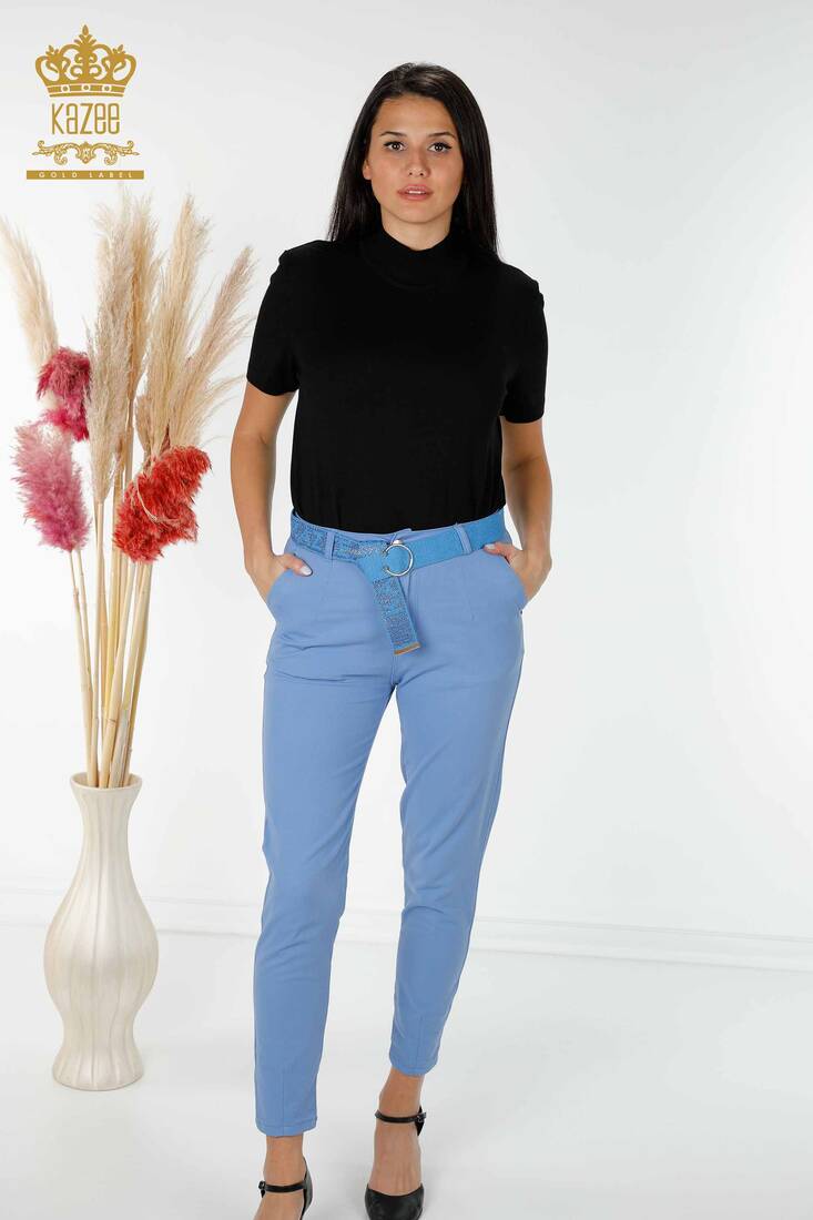 Women's Trousers Belt Detailed Blue - 3498 | KAZEE